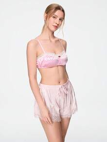 Bonmuse Sujetador de lencería para mujer rosa de satén estilo kawaii lindo coquette babydoll lolita con patchwork de encaje y patchwork 3D romántico - Rosa - Ver 4