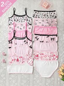 2 Sets Random, Girls Children Heart Winking Eye Bow Leopard Print Series Cute Sweet Minimalist Contrast Color Basic Camisole Triangle Set - Multicolor - View 2