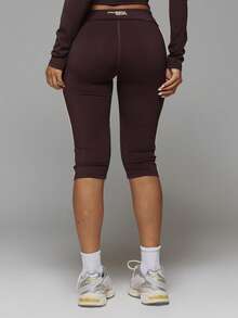 Musera Sport Foldover Waist Contrast Colour Side Stripe Fitted Low Rise Active Capri Legging Fall Autumn Winter Gym Workout Cute - Mocha Brown - View 4