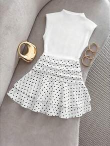 Elenzga Plus Size Women's Summer Fashion Elegant Cute Kawaii Mock Neck Sleeveless Ruched Waist A-Line Short Dress Brunch Dinner White Black And White - White - View 3