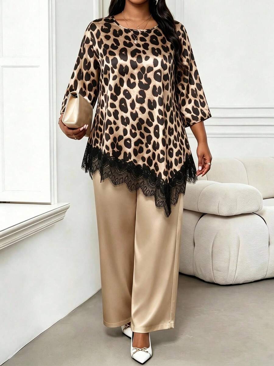 SHEIN Lady 大尺碼時尚豹紋蕾絲拼接不對稱下擺襯衫 - 彩色 - 查看 1