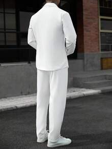Manfinity Homme Men's Solid Color Long Sleeve Single-Breasted Shirt And Pants Casual Set - White - View 2