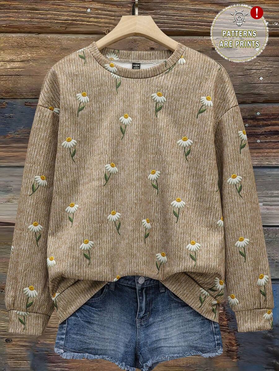 SHEIN LUNE 休閒可愛極簡印花圓領寬鬆女款運動衫,復古復古風,3D刺繡印花,初秋,校園卡其色 - 彩色 - 查看 1