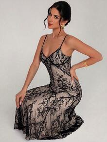 Firerie Women's Summer Elegant Sexy Lace Spaghetti Strap Dress - Black - View 8