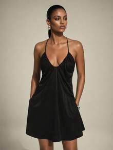 KSTM Gathered Neckline Plunge V Mini Dress Satin Sleeveless A-Line Party Going Out Night Summer Evening Short Black Sexy - Black - View 1