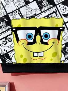 SpongeBob SquarePants | SHEIN 春秋冬季男童黑白卡通印花連帽長袖運動衫 - 黑色 - 查看 3