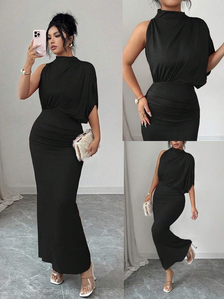Elenzga Gaun Wanita Elegan Warna Burgundy dengan Kerah Berkerut, Model Pas Badan dan Mengembang, Lengan Pendek Asimetris untuk Musim Semi/Panas - Hitam - View 1