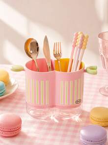 Joivida 1PC Dopamine Color Divided Utensil Holder, Dual Compartment Plastic Cutlery Storage Basket With Vertical Stripes And Cute Handle Decor, Built With Hollow Draining Structure And Transparent Water Collecting Tray, Effectively Separates Wet Tableware - Multicolor - View 5