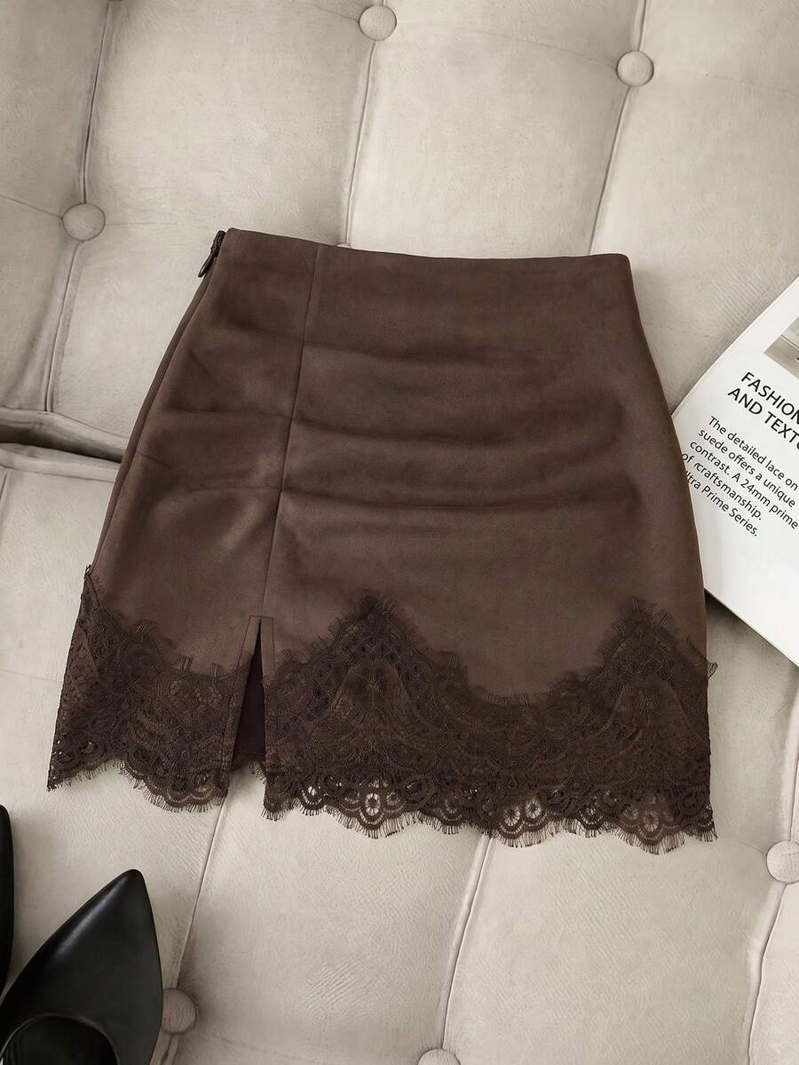 SHEIN EZwear 秋冬時尚復古棕色麂皮面料性感時尚蕾絲裝飾收腰顯瘦法式簡約百搭通勤女款裙 - 棕色 - 查看 1