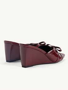CUCCOO CHICEST Women's Shoes Three-Dimensional Bow Square Toe Wedge Heel Elegant Commuting Burgundy PU Leather Women's Wedge Heel Platform Sandals Dating Vacation - Burgundy - View 6