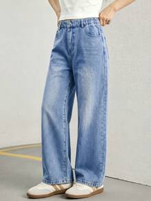 SHEIN 女童牛仔褲，秋季新品，時尚休閒風，百搭萬能設計，直筒寬鬆版型，輕盈柔軟牛仔面料，時尚女孩必備，適合日常拍照、購物、出遊、派對、音樂節、度假等多種場合，2026新款女童牛仔褲 - 中等水洗藍 - 查看 7