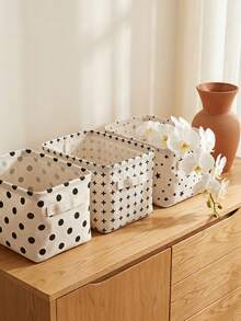 Haus Hana 1Pc/2Pcs/3Pcs Pattern Cotton Linen Fabric Storage Box, Durable Cotton Linen Material With Three Classic Printed Motifs. Portable Foldable Tidying Case For Vanity Table Use, Indoor Corner Clutter Sorting Accessory For Home Personal Item Collection. - Multicolor - View 3