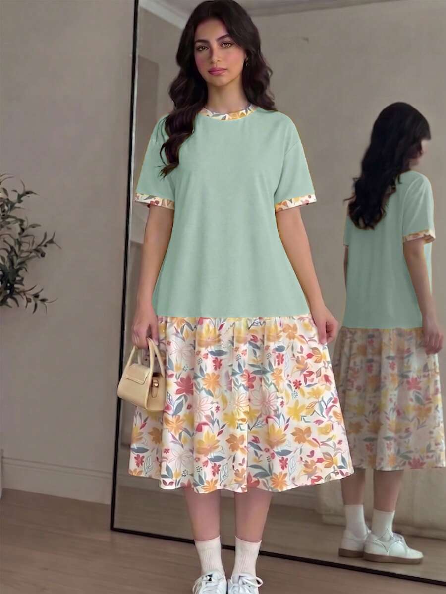 青少年女孩休閒簡約短袖中長洋裝,適合春夏穿著 - 白色 - 查看 1