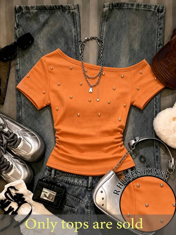 IslaSuriya Camiseta de mujer, cuello asimétrico manga corta, camiseta ajustada, camiseta elegante de mujer, adecuada para uso diario y ocasiones de citas, top de manga corta de mujer, top de verano de mujer, último top de mujer, camiseta con cuentas pesadas