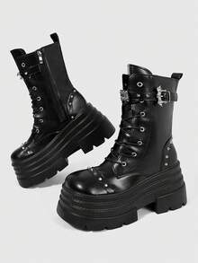 ROMWE Grunge Punk Women Heeled Sandals Dark PU Punk Rivet Thick-Soled Riding Boots Women Small Goth Mid-Tube Locomotive Booties Comic-Con - Black - View 6