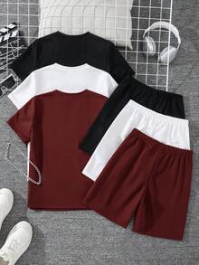 SHEIN 6件套青少年男童舒适休闲金属项链装饰圆领短袖T恤和短裤两件套，高性价比，适合户外玩耍、街头摄影、派对、居家休闲。 - 紅色 - 查看 2