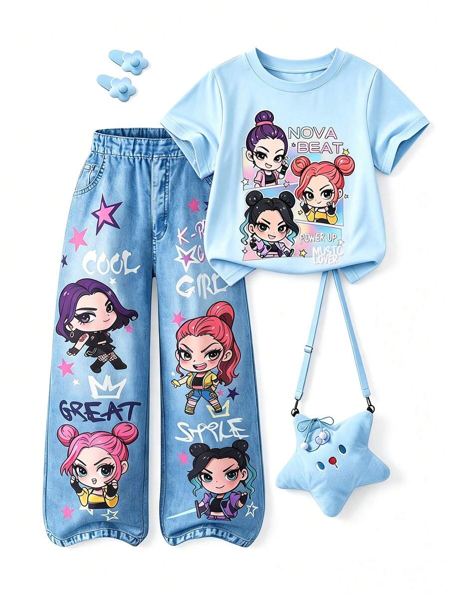SHEIN 女童 T-shirt 套裝,紫色短袖圓領 T-shirt,附可愛卡通動漫印花與口袋,直筒長褲 2 件套,夏季兒童時尚穿搭,充滿活力夏日氛圍,適合旅行與上學 - 藍色 - 查看 1