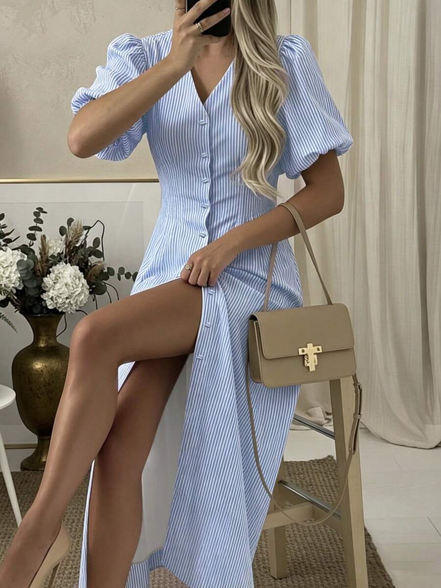 SHEIN PariChic 女款條紋短泡泡袖單排扣休閒洋裝 - 藍白色 - 查看 1