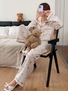Napfluff Bubble Crinkle Plaid Bear Print Cardigan Collar Pajama Set - Khaki - View 5