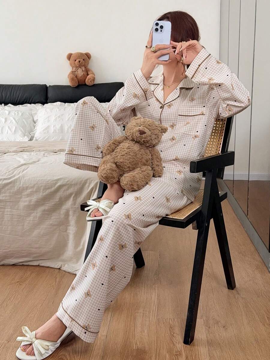 Napfluff Bubble Crinkle Plaid Bear Print Cardigan Collar Pajama Set - Khaki - View 1