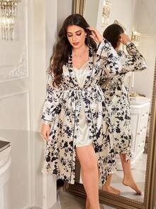 MuseNap CURVE Plus Size Elegant Printed Satin Robe And Solid Color Camisole Nightgown Set - Multicolor - View 4