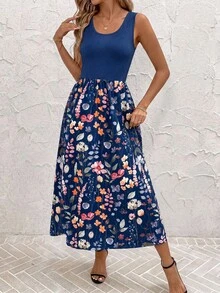 SHEIN Clasi 女款花卉印花圓領休閒波希米亞風無袖中長洋裝，適合外出、聚會與度假；夏季海軍藍花卉，復活節 - 彩色 - 查看 5