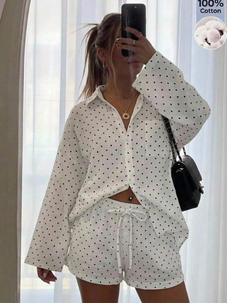 SHEIN EZwear 女款秋季新款休閒度假風黑白波點編織落肩長袖襯衫短褲套裝，適合海灘度假