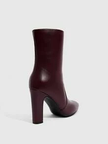 Daringsoles 女款純色圓頭粗跟套腳中筒靴，日常通勤辦公百搭人造皮革短靴 - 酒紅色 - 查看 3