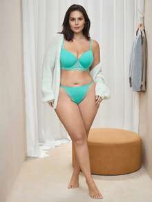 Bralution Conjunto de lencería sexy para uso diario para mujer talla grande con sujetador de tirantes ajustables con ribete de encaje y braguita triangular - verde menta - Ver 6