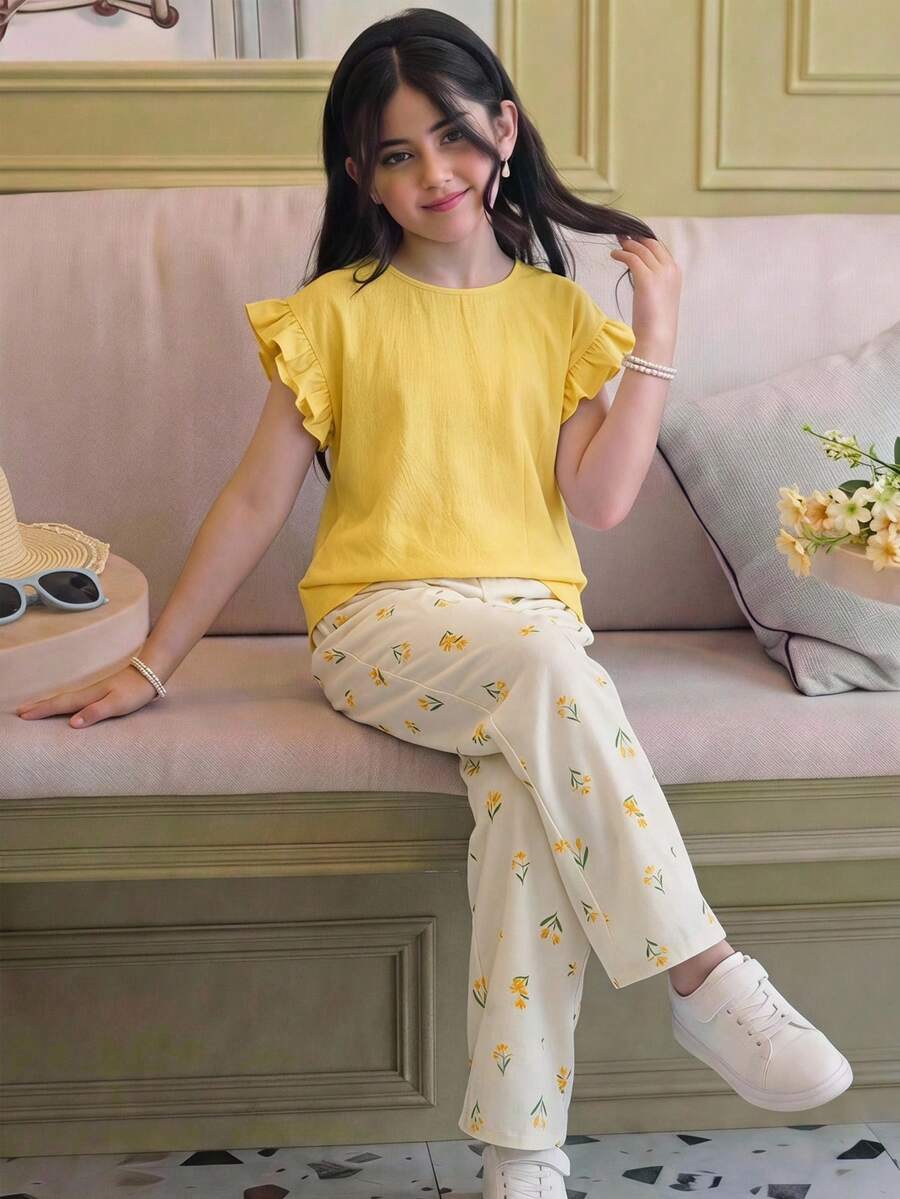 SHEIN 兒童青少年女孩時尚休閒針織圓領短袖上衣與碎花長褲套裝 - 黃色 - 查看 1