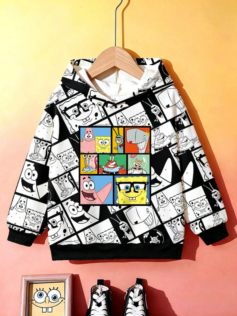 SpongeBob SquarePants | SHEIN 春秋冬季男童黑白卡通印花連帽長袖運動衫 - 黑色 - 查看 1