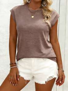 EMERY ROSE Plus Size Women Casual Minimalist Batwing Sleeve Round Neck T-Shirt, Suitable For Spring/Summer - Dusty Pink - View 3