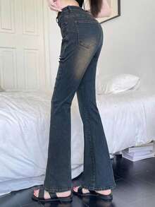 DAZY Celana Jeans Model Flare Denim Ketat dengan Efek Lusuh untuk Remaja Putri Musim Gugur - Biru - View 5