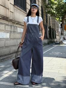 StreetHx Women's Striped Fashion Pocket Button Loose Denim Overalls - Navy Blue - View 5
