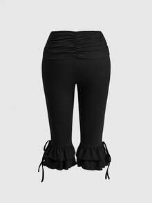 Sweetness Sweet & Cool Style Plus Size Women's Slim Fit High Waist Ruched Ruffle Hem Capri Pants, Casual Daily Wear - Black - View 2