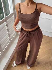 Dazy Plus Striped Slim Fit Camisole Top & Pajama Pants Set, Plus Size Women's Spring/Summer Loungewear - Brown - View 3