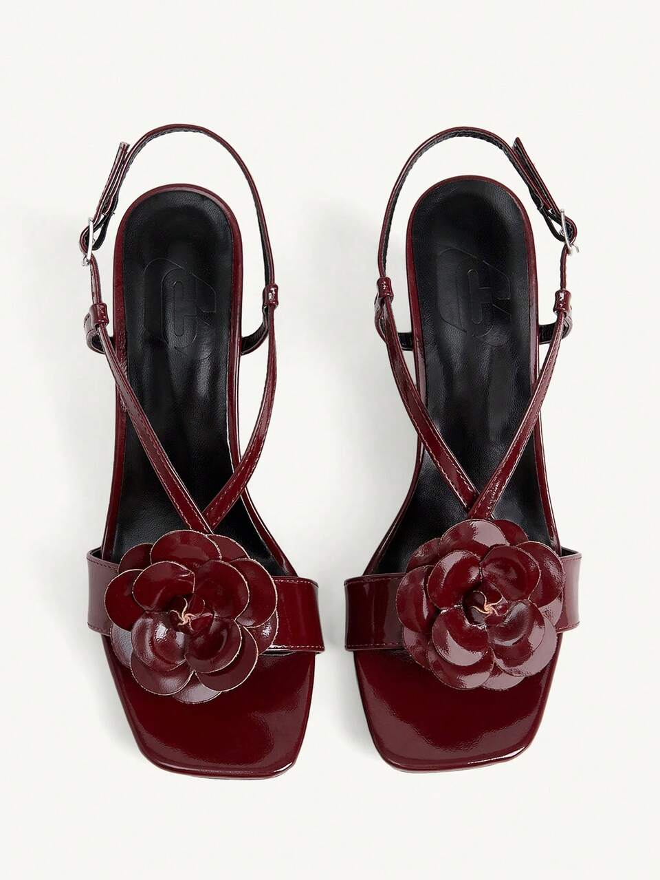 CUCCOO CHICEST Burgundy Patent Leather Camellia Square Toe Wedge Sandals Women's Summer Word With Buckle Temperament Open-Toed High Heels