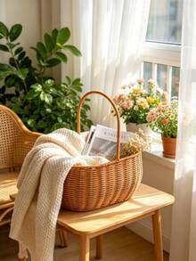 1PC Wicker Bamboo Handled Basket Durable Breathable EasyCarry For Outdoor Picnic Beach Market Shopping Garden Party Essential MustHave - Brown - View 10