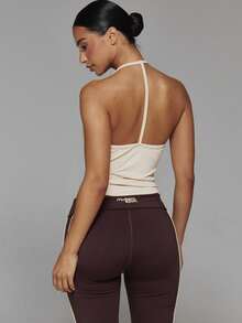 Musera Sport Atasan Olahraga Model Scoop Halterneck dengan Tali Belakang Model T-Bar dan Hem Melengkung untuk Musim Gugur/Musim Dingin, Cocok untuk Gym dan Latihan, Warna Kuning Mentega yang Lucu - Kuning - View 5