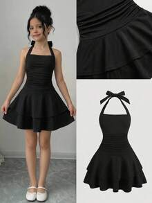 Firerie Kids Firerie Kids Tween Girls Tween Girl Dresses Black Solid Color Knit Minimalist Elegant Waist Ruched Layered Ruffle Neck Dress - Black - View 1