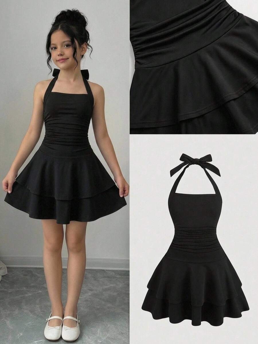 Firerie Kids Firerie Kids Tween Girls Tween Girl Dresses Black Solid Color Knit Minimalist Elegant Waist Ruched Layered Ruffle Neck Dress - Black - View 1