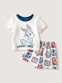LOONEY TUNES X SHEIN 男嬰圓領字母卡通印花短袖上衣與短褲休閒日常居家睡衣套裝 - 彩色 - 查看 1