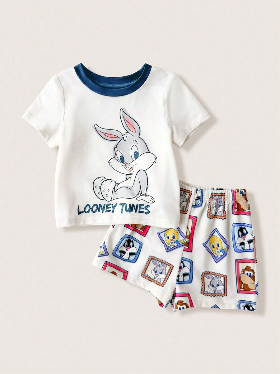 LOONEY TUNES X SHEIN 男嬰圓領字母卡通印花短袖上衣與短褲休閒日常居家睡衣套裝 - 彩色 - 查看 1