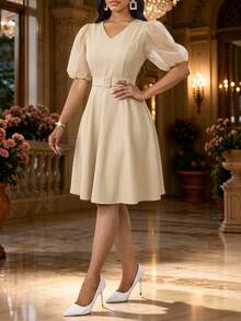 SHEIN Lady Women's Summer Elegant Puff Sleeve Midi Dress With Belt Elegant Dress Casual Dresses Work Dresses For Women Back To School Summer Going Out Outfits - Apricot - View 4