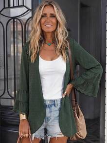 SHEIN LUNE Jaket dengan Lengan Jacquard Pom Pom 3D, Patchwork Ruffle, dan Manset Berenda, Cocok untuk Pemakaian Sehari-hari, Liburan, Kasual, Perjalanan, dan Kencan. - Dark Green - View 6