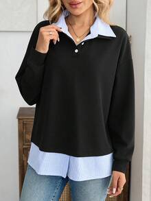 EMERY ROSE Women's 2 In 1 Patchwork Casual Preppy Versatile Daily Wear Long Sleeve Sweatshirt Blue And White Stripe Autumn Teachers' Day Office School - Black - View 3