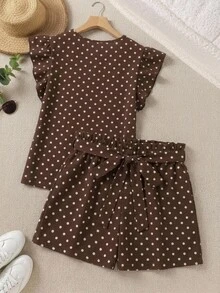 SHEIN CURVE+ Plus Size Women Brown Polka Dot Flutter Sleeve Shorts 2 Pieces Set, Casual Comfortable Outfit For Autumn/Winter - Multicolor - View 2
