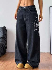SHEIN EZwear 大尺碼蜘蛛網圖案印花鈕扣口袋寬鬆牛仔褲 夏季萬聖節 正式時裝週 黑色休閒 90年代 - 黑色 - 查看 4