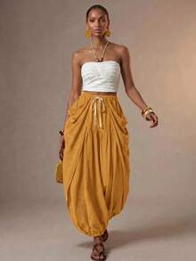Zivah Women's Designer Drawstring Waist Pleated Long Pants For Beach Vacation - Mustard Yellow - View 8