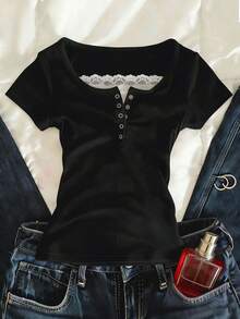 IslaSuriya Women's Casual Commute Contrast Color Lace Button-Up Short Sleeve Fitted T-Shirt - Black - View 1
